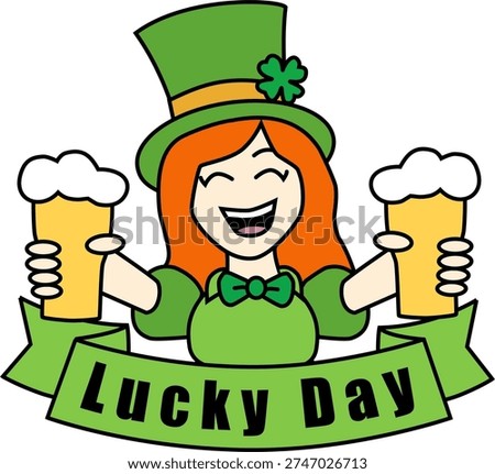 st patrick's day smiling leprechaun redhead girl holding 2 pints of beer, pint foam, banner text lucky day, shamrock, irish, green outfit, celebration, vector art, cartoon style, party, drinking