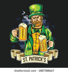 St. Patrick's day smoking beard man holding two large beers. editable layers vector artwork