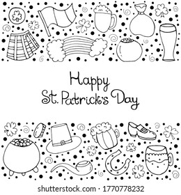 St. Patrick's day.   Smoking pipe, beer mug, horseshoe, rainbow, clover, flag, shoes on a white background. Vector isolated illustration with a pot of gold, Set with a set for St. Patrick's day. 