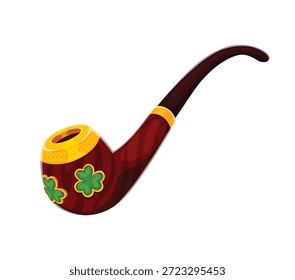 St Patrick's day smoking pipe holiday icon or symbol. Ireland culture cartoon vector attribute, Saint Patrick party symbol. Irish folk holiday icon with smoking pipe decorated gold and clover leaves