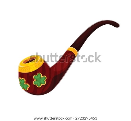 St Patrick's day smoking pipe holiday icon or symbol. Ireland culture cartoon vector attribute, Saint Patrick party symbol. Irish folk holiday icon with smoking pipe decorated gold and clover leaves