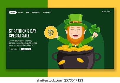 St. Patrick's Day Social Media Landing Page Design with Cartoon Illustrations