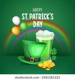 st. patrick's day social media banner design with balloon, hat, drink, shamrock and golden coins on patterned deep green background