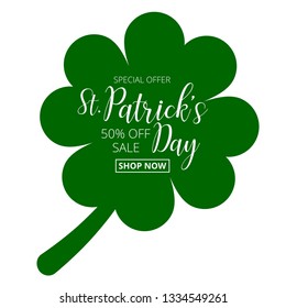  St. Patrick's Day special offer sale text  badge with green  clover leave  background