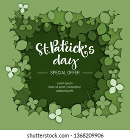 St. Patrick's day special offer sale simple isolated hand draw calligraphy logo on green paper cut clover background. For print, card, banners, smm