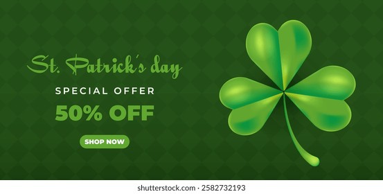 St. Patricks Day special offer, sale banner with green shamrock. Coupon, certificate, discount. Vector illustration for shopping, fashion
