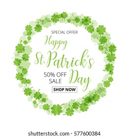  St. Patrick's Day special offer sale text  badge with green  clover leaves  background