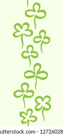 St. Patrick's day, spring border, frame seamless in vertical direction. Design element. Various hand drawn clover leaves background. Stylized marker drawn doodle style shamrock, trefoil, quatrefoil.
