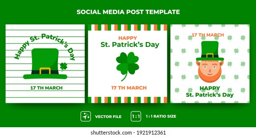 St Patrick's day square banner set design. Saint Patrick with clover and hat. Usable for flyers, cards, banners, and social media. Flat illustration design vector isolated.