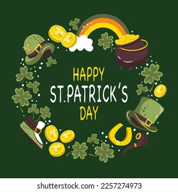 St. Patricks Day square banner traditional holiday items arranged in a circle