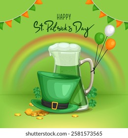 st. patrick's day square banner design with hat, drinks and golden coins on light green background for social media post 