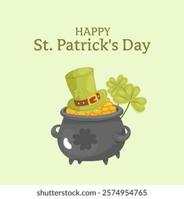 St. patricks day. Square card, pot of gold, clover and hat.