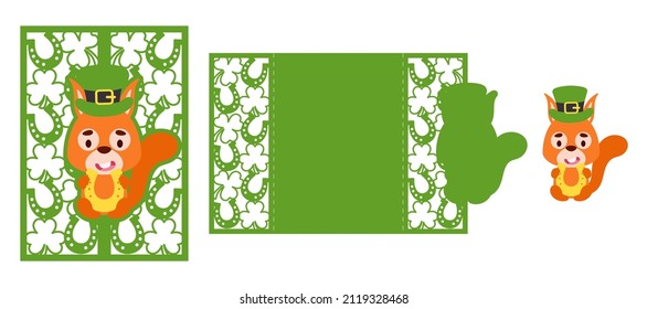 St. Patrick's Day squirrel laser cutting invitation card template. Paper cut out silhouette for plotter and silk screen printing. Vector stock illustration.