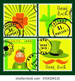 St Patrick's Day stamps. Postage stamps for letters. Patrick's stickers. Good luck. Hand drawn vector lettering with green hat and shamrock. Beer festival poster. Happy Ireland shamrock poster. Elemen