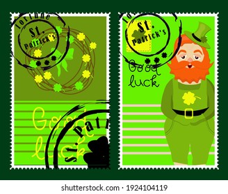 St Patrick's Day stamps. Postage stamps for letters. Patrick's stickers. Good luck. Hand drawn vector lettering with green hat and shamrock. Beer festival poster. Happy Ireland shamrock poster. Elemen