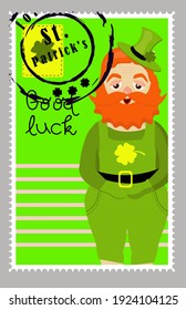 St Patrick's Day stamps. Postage stamps for letters. Patrick's stickers. Good luck. Hand drawn vector lettering with green hat and shamrock. Beer festival poster. Happy Ireland shamrock poster. Elemen