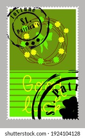 St Patrick's Day stamps. Postage stamps for letters. Patrick's stickers. Good luck. Hand drawn vector lettering with green hat and shamrock. Beer festival poster. Happy Ireland shamrock poster. Elemen