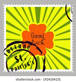 St Patrick's Day stamps. Postage stamps for letters. Patrick's stickers. Good luck. Hand drawn vector lettering with green hat and shamrock. Beer festival poster. Happy Ireland shamrock poster. Elemen