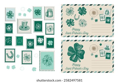 St. Patrick's Day. Stamps, postcard, mail, Hand drawn illustrations	