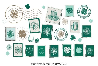 St. Patrick's Day. Stamps, postcard, mail, Hand drawn illustrations	