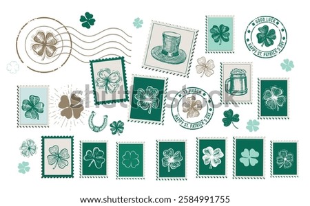 St. Patrick's Day. Stamps, postcard, mail, Hand drawn illustrations	