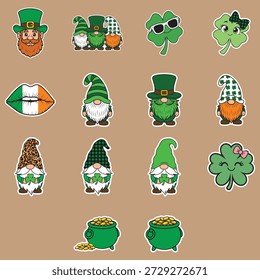 Pegatina Día de San Patricio Paquete Gnomos lindos, tréboles de la suerte, duende y olla de Ilustraciones vectoriales de oro