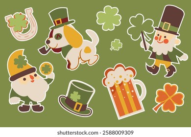 St. Patrick's Day Sticker Collection, Green vector art, clover leaves, beer