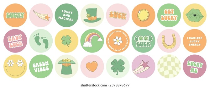 St. Patrick's Day sticker pack. Bright round stickers with holiday symbols, positive phrases, and good luck wishes.