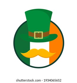 St. Patrick's Day. Sticker, postcard, illustration. Hat, mustache, flag.Vector illustration in flat cartoon style