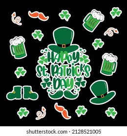 St. Patrick's Day sticker set. Leprechaun hat, beer mug, boots, mustache and clover leaf shape.