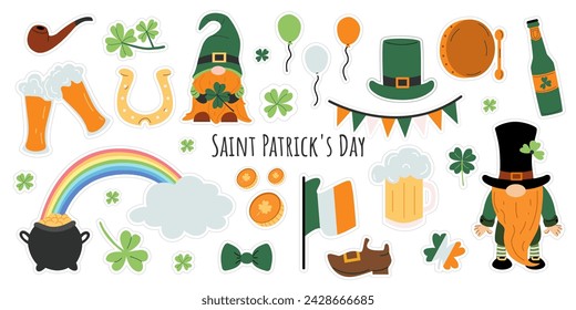 St. Patrick's day sticker set. Irish holiday Saint Patrick's Day.  Vector set with leprechauns, Irish flag and beer, clover, pot of gold and rainbow. Hand drawn illustration. 