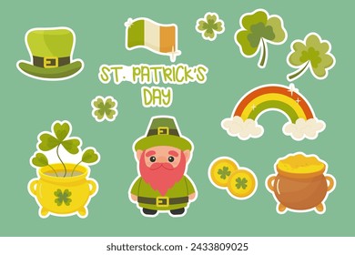 St. patrick's day sticker set, leprechaun, pot of gold, clover, rainbow. On a white background. 