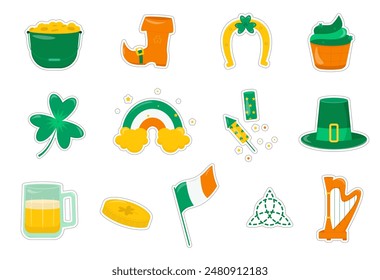 St. Patrick's Day Aufkleber Set. Set von Elementen für den Urlaub. Vektorillustration. Flachstil