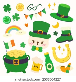 St. Patrick's Day Aufkleber Set. Kawaii St. Patrick's Day Clipart. Adorable Cat, Pot of Gold und irische Symbole.