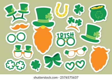 St Patrick's Day Sticker Set, cute party decorative stickers, vector holiday symbols