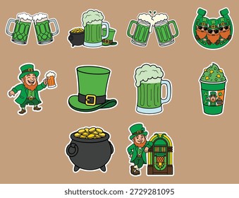 St. Patrick's Day Sticker Set with Leprechaun, Green Beer Mugs, Pot of Gold and Lucky Charms Vector Illustration