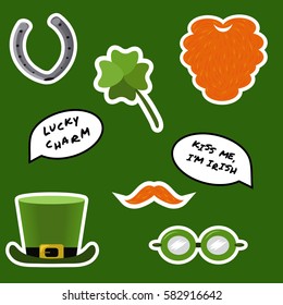 St. Patrick's Day sticker set. Red beard, whiskers, shamrock, leprechaun hat, horseshoe, speech bubbles with quotes. Lucky charm. Kiss me, I'm Irish. Vector illustration.