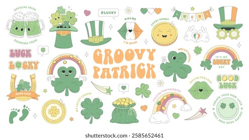 St. Patrick's Day stickers. Clover, leprechaun hat, Irish beer, horseshoe, gold coin, rainbow, sack of gold. Sticker pack of cartoon characters and elements in groovy retro style.