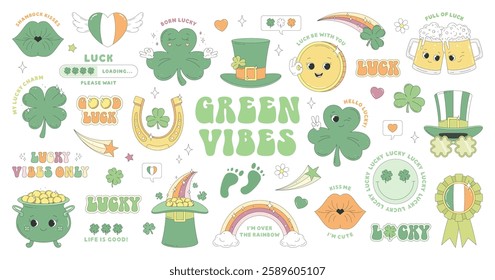 St Patrick's Day stickers. Clover, leprechaun hat, Irish beer, horseshoe, gold coin, rainbow, pot of gold, ribbon rosette. Sticker pack of cartoon characters and elements in groovy retro style