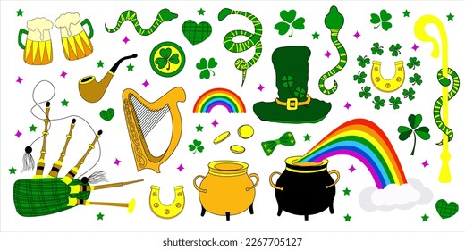 St. Patrick's Day Sticker. Geschenksticker-Design für Patrick's Day. Weißer Hintergrund. Klee und Shamrock. Hufeisen, Koboldhut und Topf mit Goldmünzen. Glückssymbole