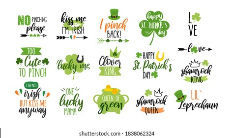 St Patricks day stickers icons design. Shamrock, clover, leprechaun. Vector