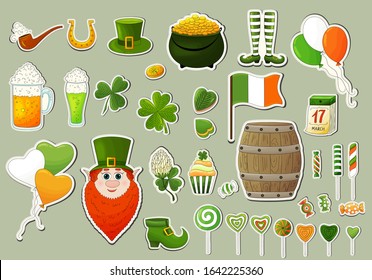 St. Patrick's Day stickers set. Shamrock, clover, gold coins,irish flag, ale, leprechaun, pot of gold,  glass of beer, hat, smoking pipe. St. Patricks day different icons in traditional irish colors.