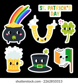 St. Patrick's Day stickers set. Cute groovy retro clipart elements. 70s, 80s, 90s cartoon style.