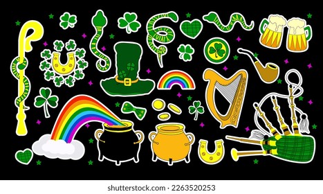 St. Patrick's Day stickers. Set of elements for Patrick's day isolated. Leprechaun hat, harp and clover leaves. Be happy. Horseshoe and shamrock