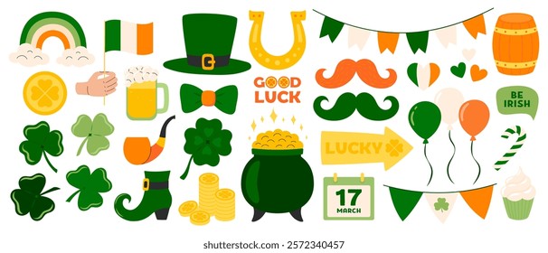 St. Patrick's day stickers set. Ireland holiday lucky item, fortune symbols, luck shamrock, rainbow, pot gold coin, clover, horseshoe, beer party. Flat Vector illustration isolated on white background