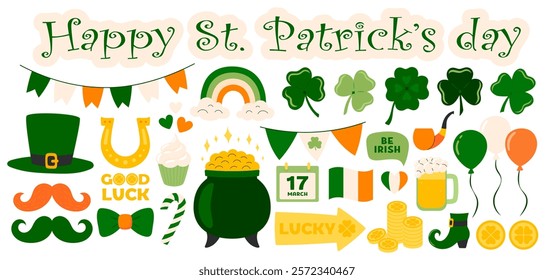 St. Patrick's day stickers set. Ireland holiday lucky item, fortune symbols, luck shamrock, rainbow, pot gold coin, clover, horseshoe, beer party. Flat Vector illustration isolated on white background