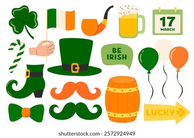 St. Patrick's day stickers set. Ireland holiday lucky item, fortune symbols, luck shamrock, rainbow, pot gold coin, clover, horseshoe, beer party. Flat Vector illustration isolated on white background