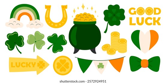 St. Patrick's day stickers set. Ireland holiday lucky item, fortune symbols, luck shamrock, rainbow, pot gold coin, clover, horseshoe, beer party. Flat Vector illustration isolated on white background