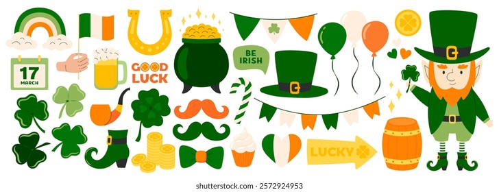 St. Patrick's day stickers set. Ireland holiday lucky item, fortune symbols, luck shamrock, rainbow, pot gold coins, clover, horseshoe, leprechaun, beer party. Flat Vector illustration isolated