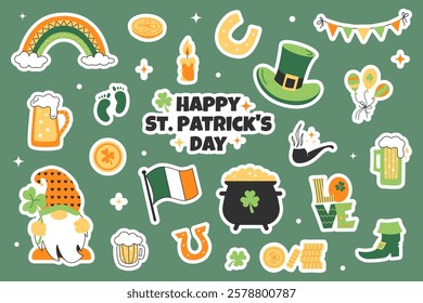 St. Patricks Day stickers. Set of St. Patrick's Day with hand drawn color doodles icons. St. Patricks Day collection with green shamrock leaf, beer, irish flag, leprechaun hat, clover, coins. Vector